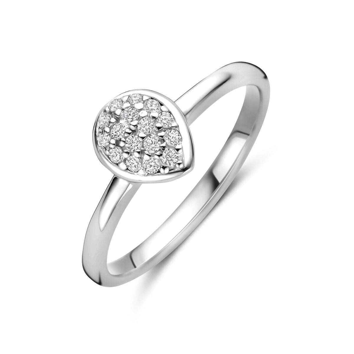 Bague en argent rhodié au design en goutte, ornée de zirconiums brillants.