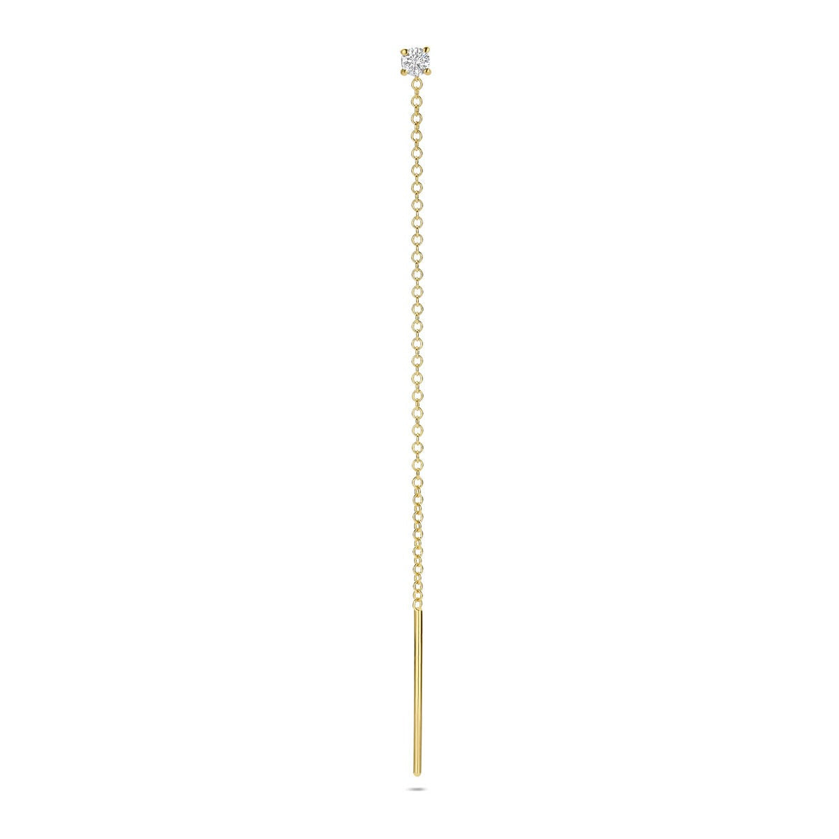 Boucle d'oreille en or jaune 14 carats avec un diamant, design long et délicat.