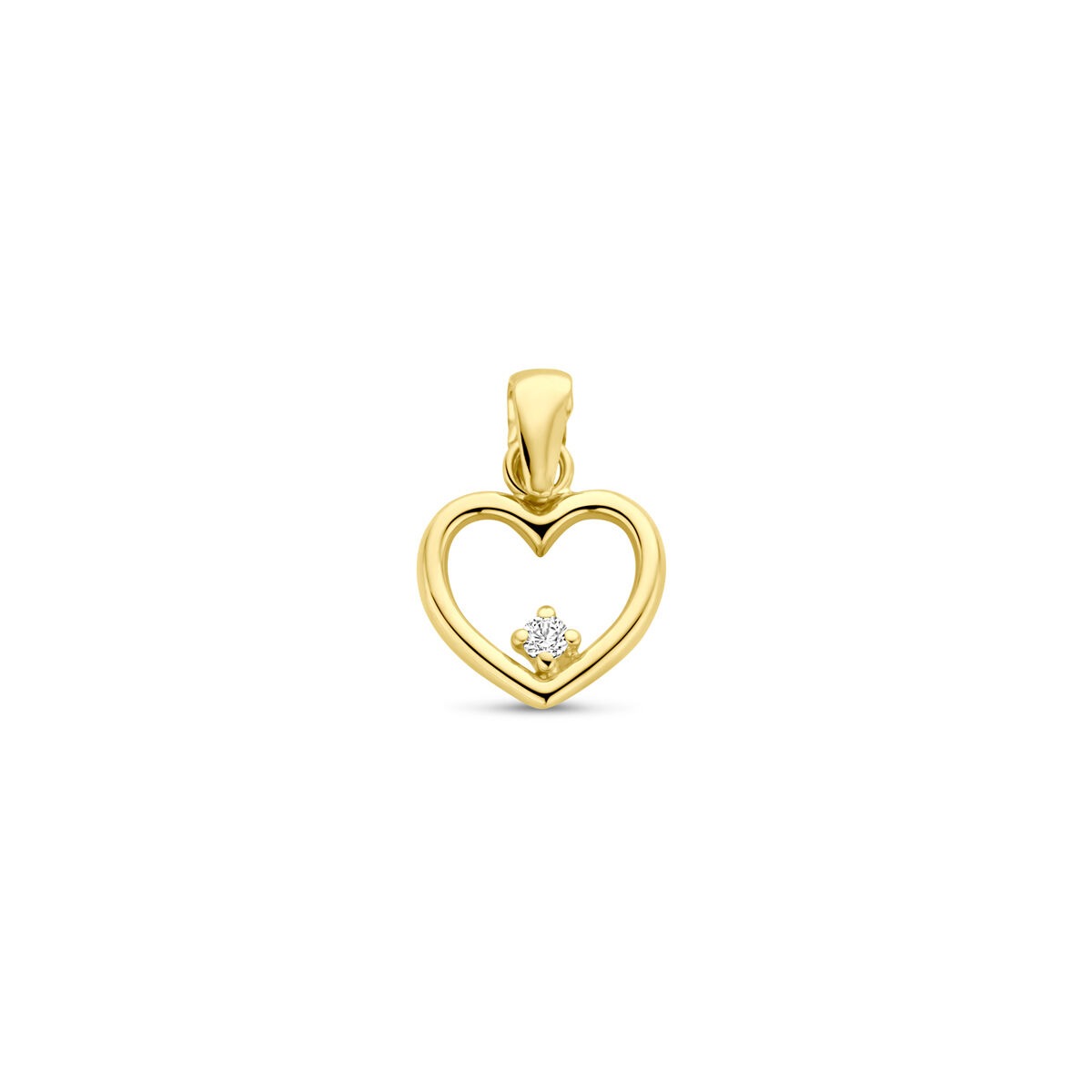Pendentif en or 14 carats en forme de cœur avec une zircone, mesurant 13 mm.
