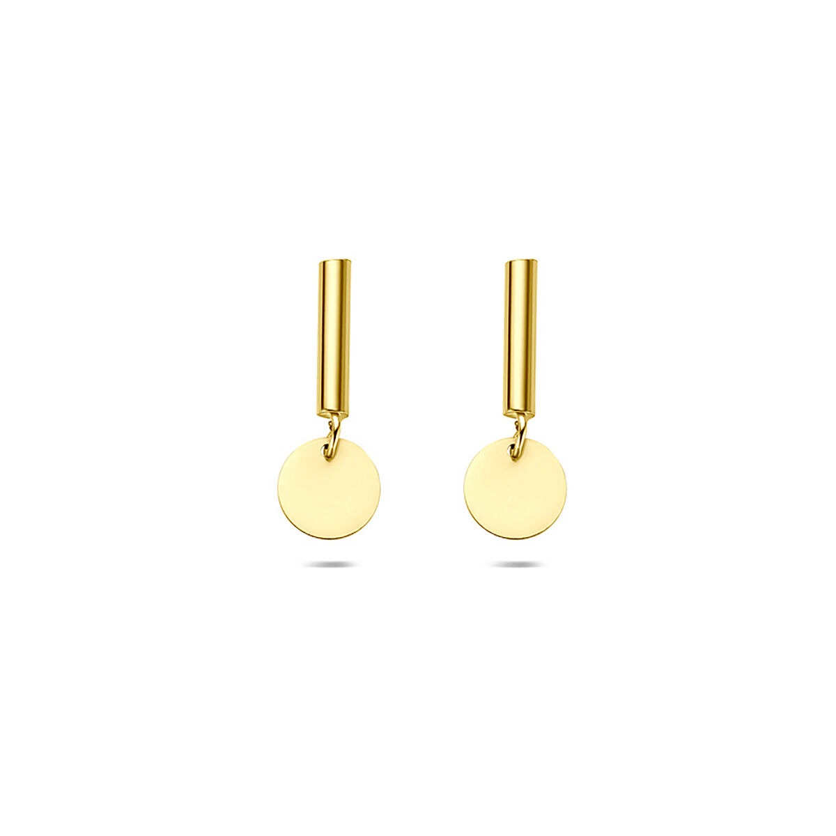 Boucles d'oreilles en or jaune 14 carats avec un design circulaire suspendu.
