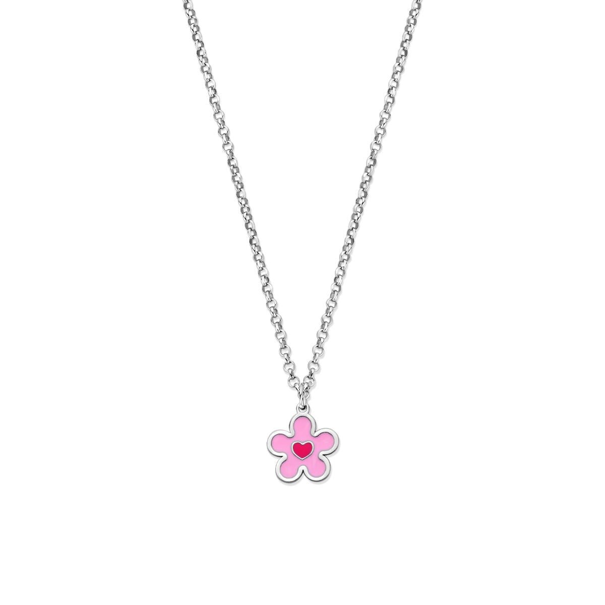 Zilveren kindercollier met gerhodineerde ketting en een roze bloem met hartje als hanger.