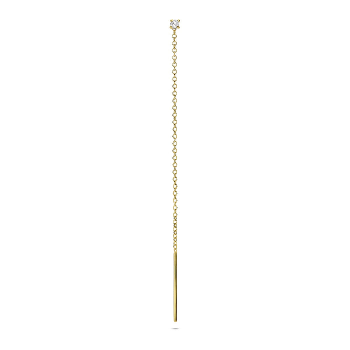 Boucle d'oreille en or jaune 14 carats avec un diamant, forme allongée et chaîne délicate.
