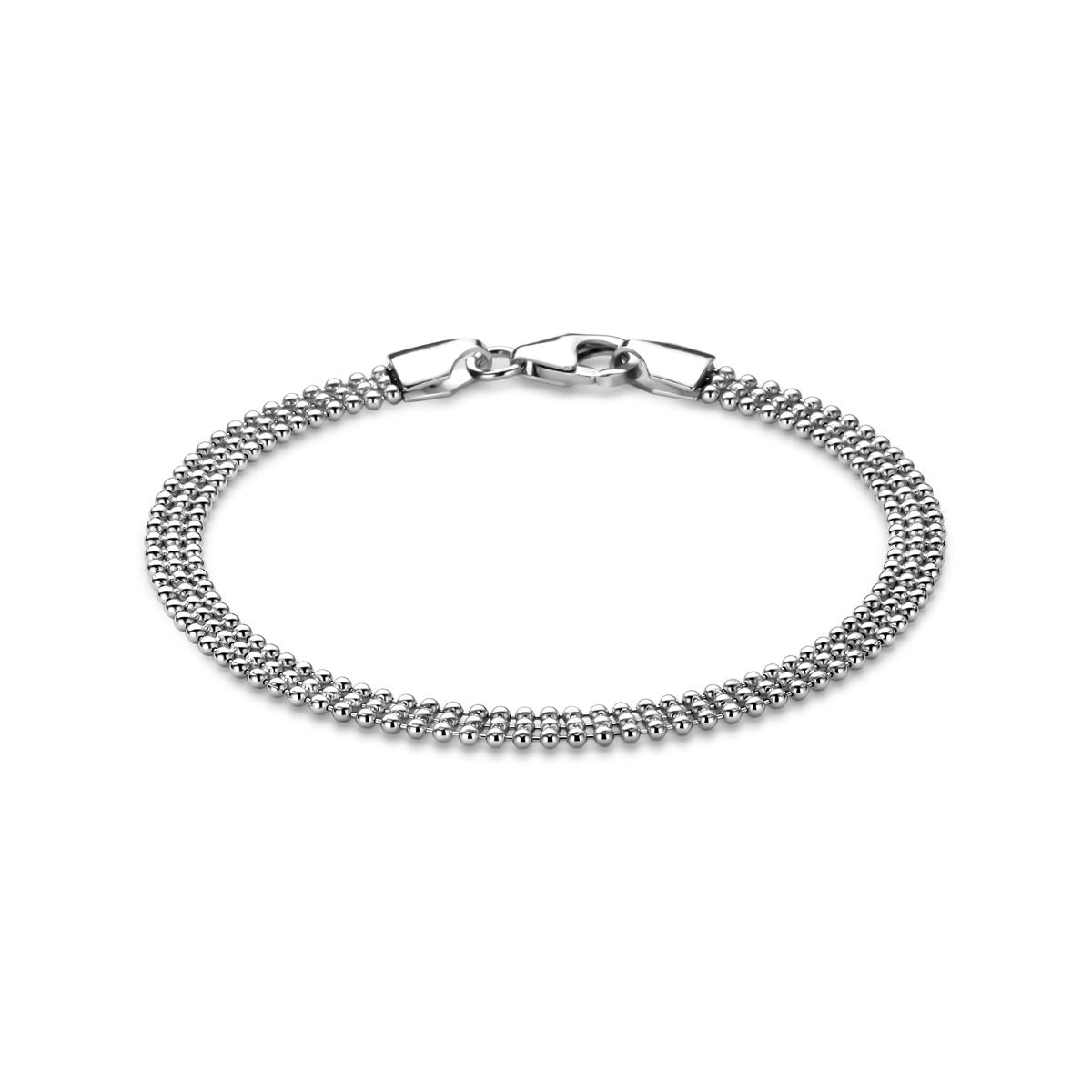 Zilveren dames armband van gerhodineerd 925 zilver met een bolletjesstructuur, 4,5 mm breed en 18 cm lang.