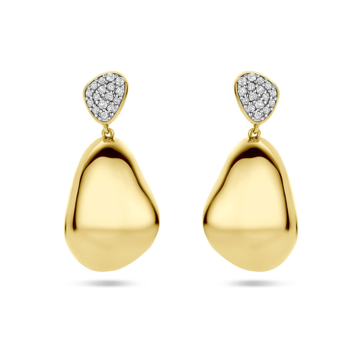 Boucles d'oreilles en or jaune 14k avec diamants – 0,20 ct (2x 0,10 ct), forme organique, 27 mm.