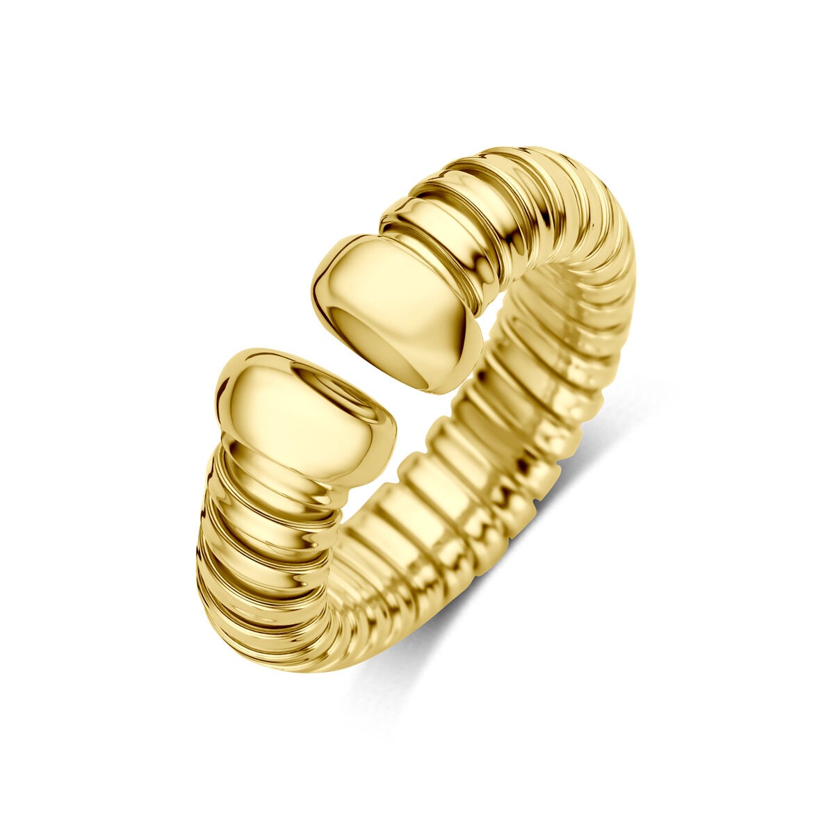 Bague en or jaune 14 carats avec un design ondulé et des détails texturés.