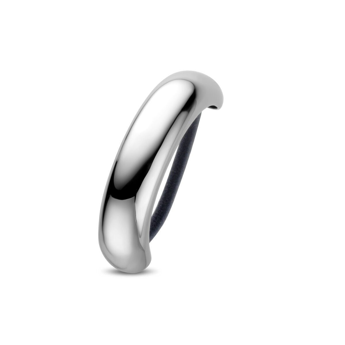 Cuff en acier inoxydable argenté, forme lisse et arrondie, dimensions 19x76 mm.