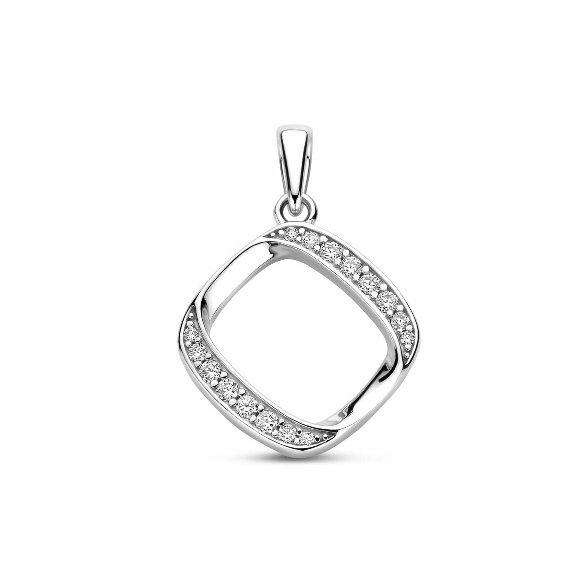 Pendentif en argent rhodié avec zirconia, forme carrée, 23 mm de diamètre.