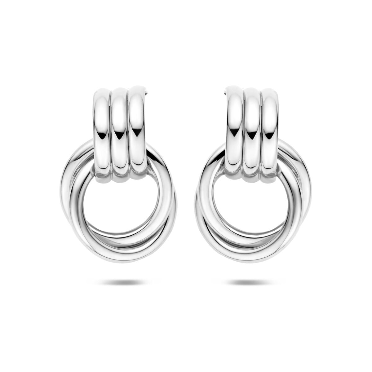 Boucles d'oreilles en argent 925 rhodié, de forme ronde avec trois anneaux superposés.