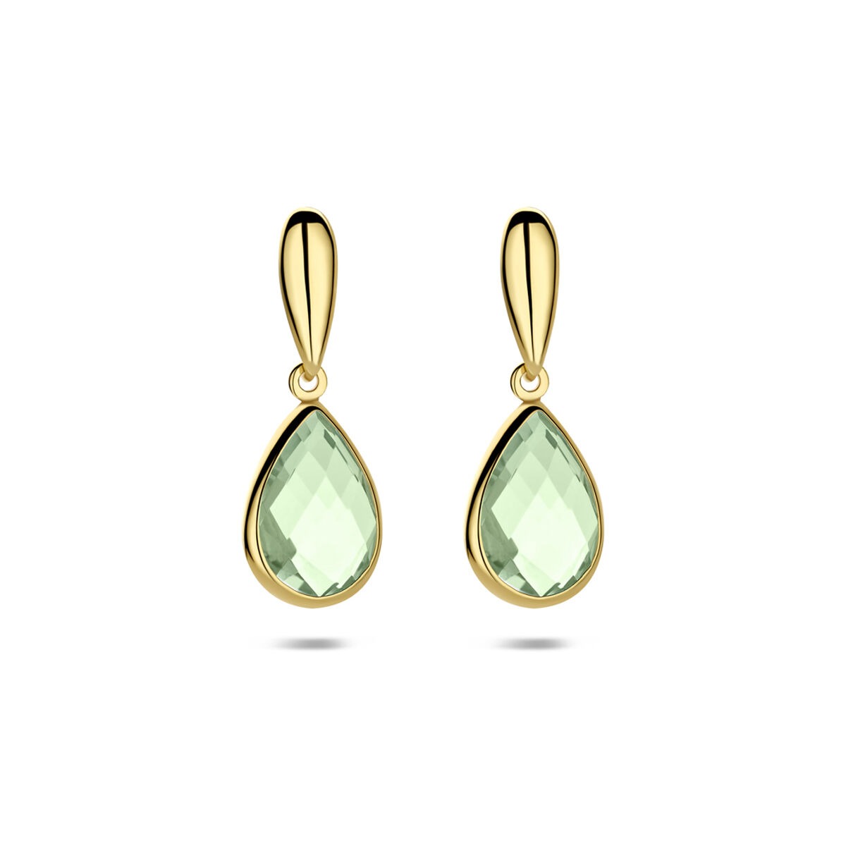 Boucles d'oreilles en or jaune 14 carats avec des améthystes vertes en forme de goutte.