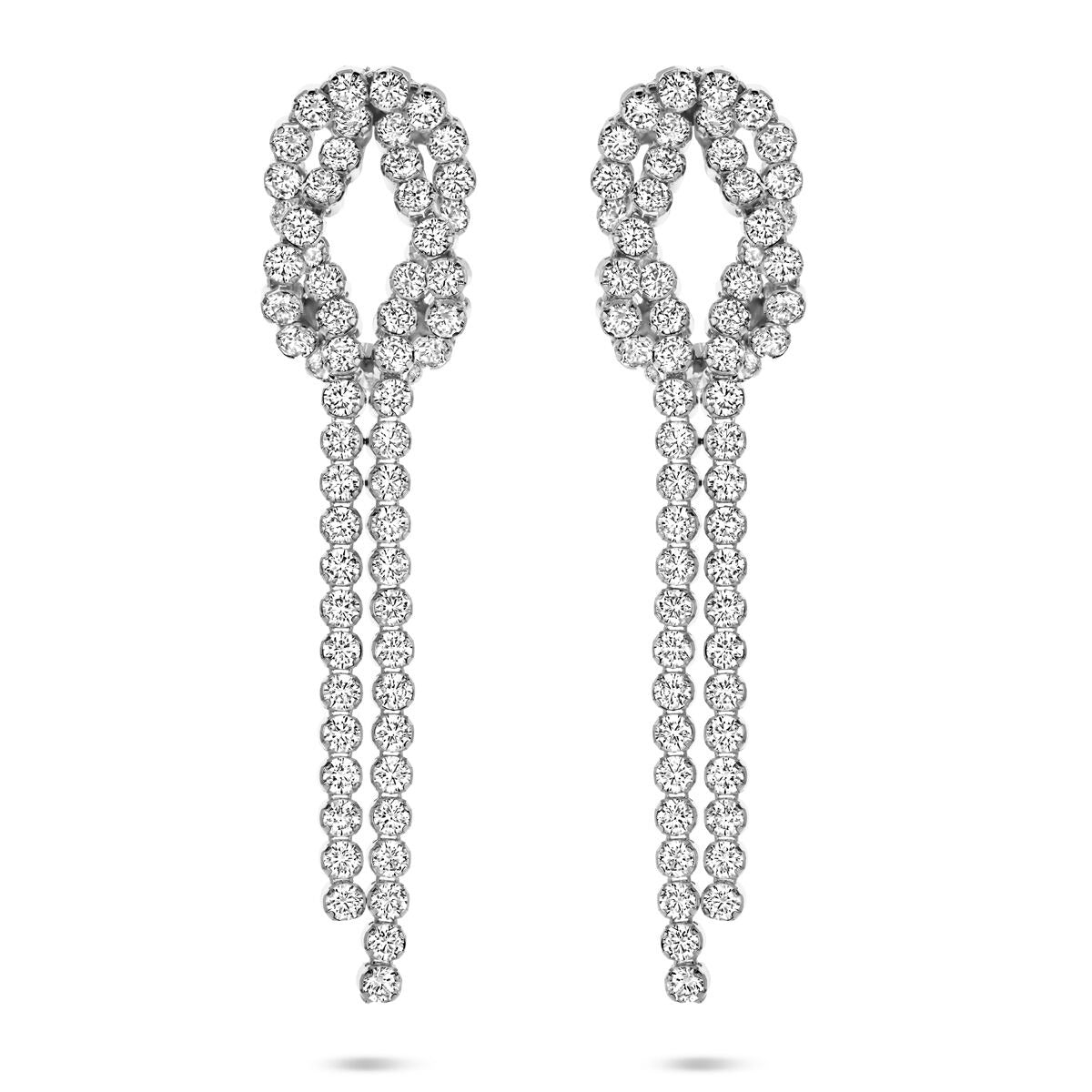Boucles d'oreilles en argent rhodié ornées de zirconiums, mesurant 53 mm, avec un design en cascade.