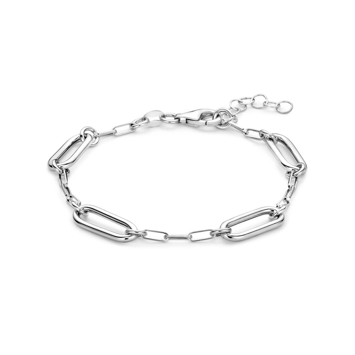 Gerhodineerde 925 zilveren damesarmband met schakels in een moderne, rechte vorm.