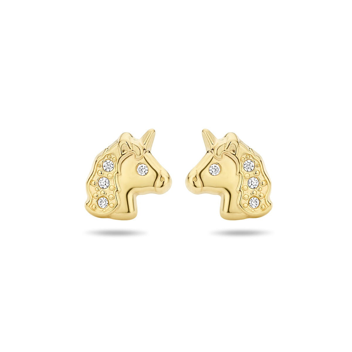 Boucles d'oreilles en or jaune 14 carats en forme de tête de licorne, ornées de zirconiums.
