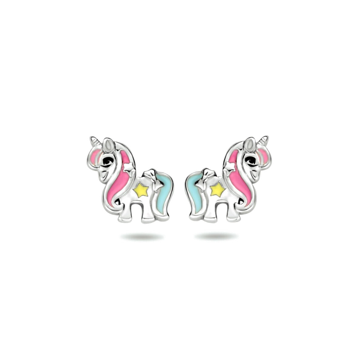 Boucles d'oreilles en argent rhodié représentant des licornes avec émail rose et bleu.