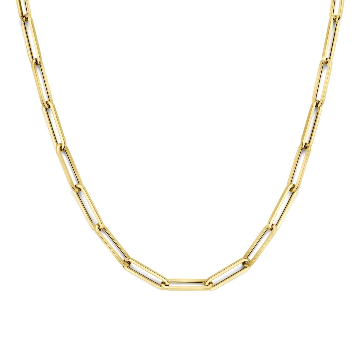 Gouden paperclip ketting van 9k, 45 cm lang met een schakelpatter van rechthoekige schakelvormen.