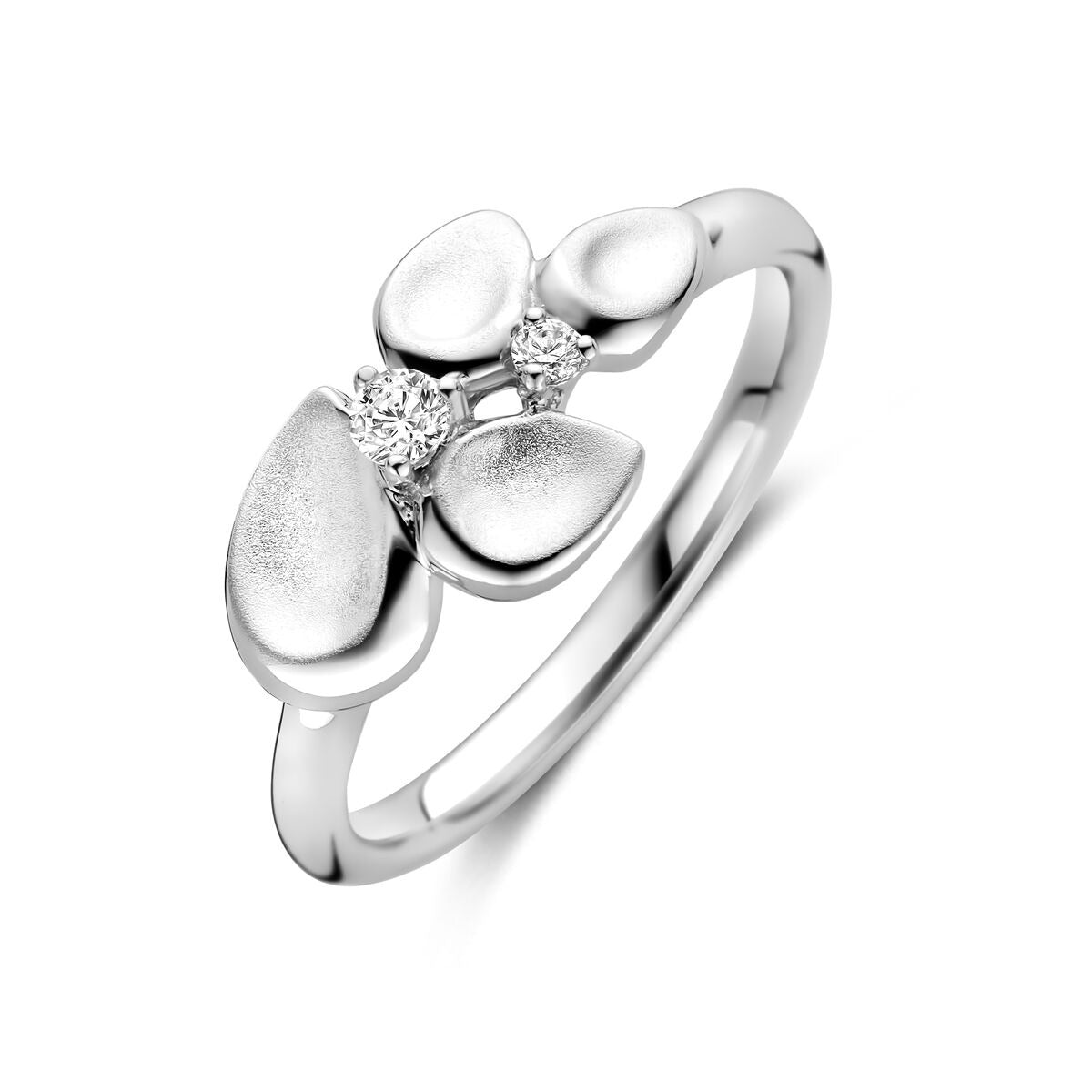 Bague en argent rhodié pour femme, 8,5 mm de large, ornée de zirconiums et de motifs arrondis.