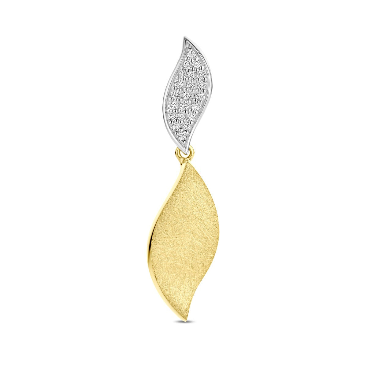 Pendentif bicolore en or jaune et blanc, forme de feuille, finition polie et mate, serti de diamants.