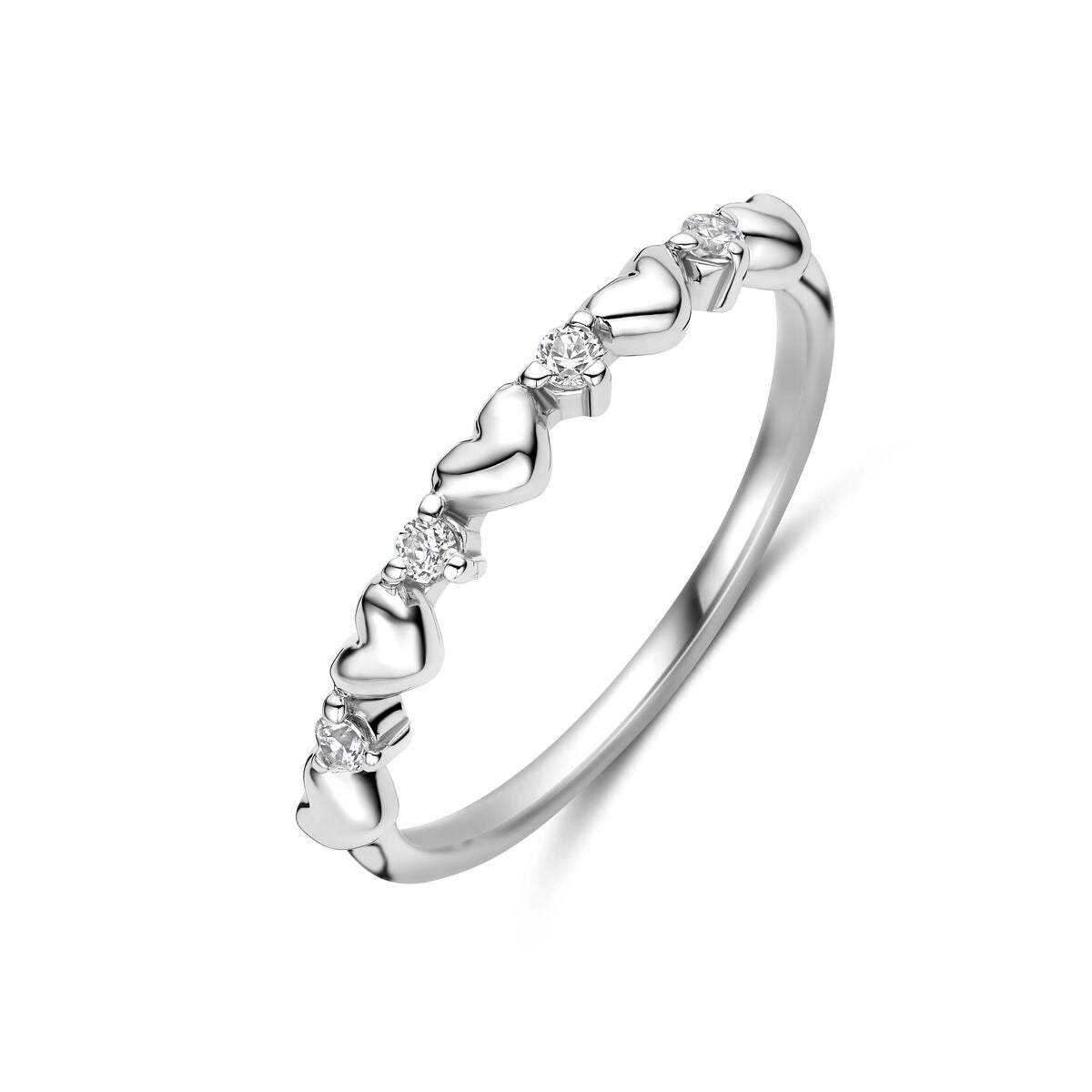 Bague en argent 925 rhodié ornée de cœurs et de zirconiums.