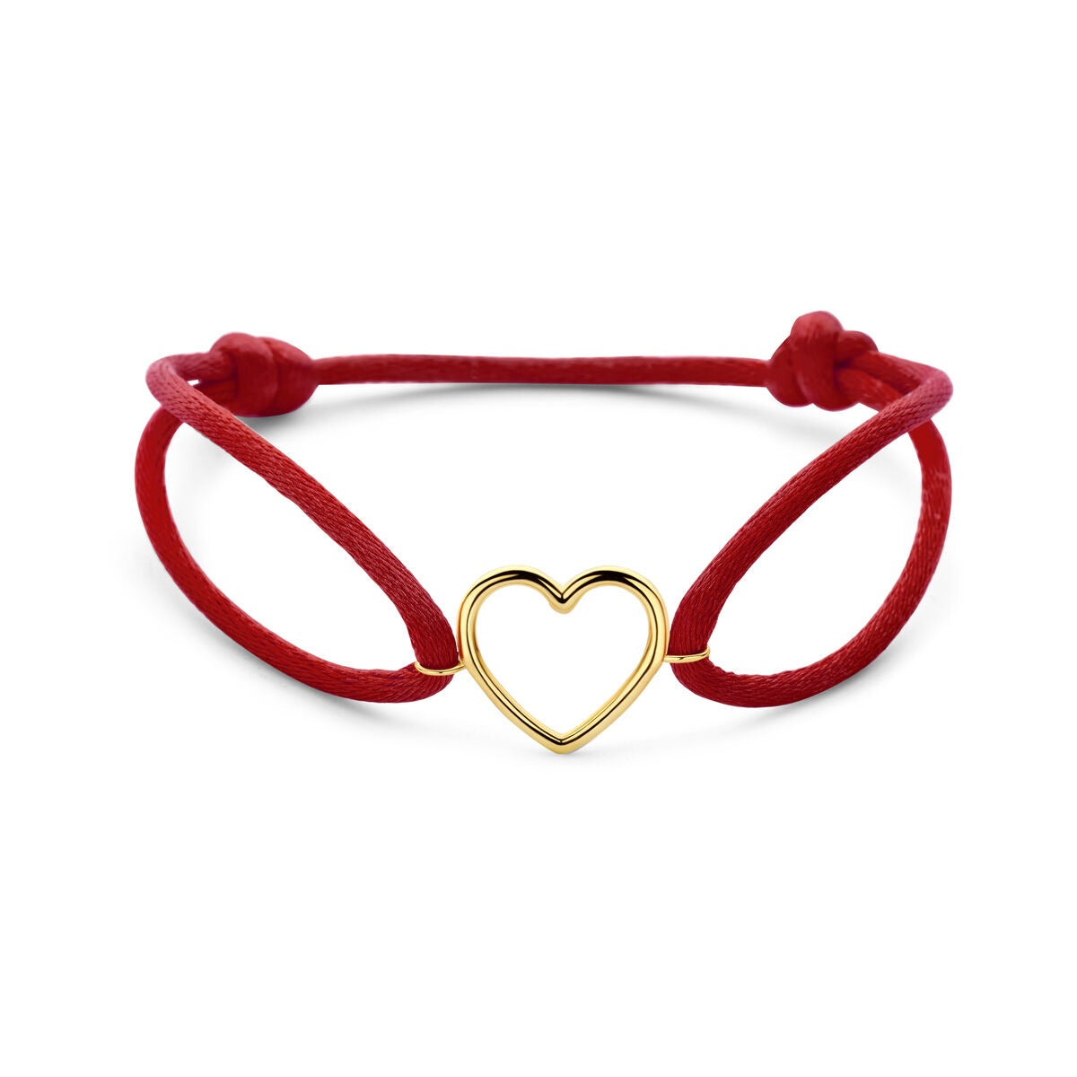 Bracelet en satin rouge avec un cœur en or jaune 14 carats, design simple et élégant.