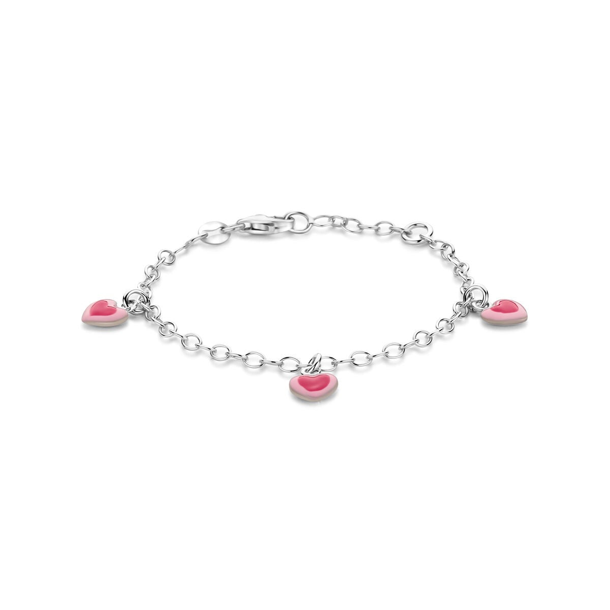 Zilveren kinderarmband met gerhodineerde schakels en drie roze geëmailleerde hartjes.