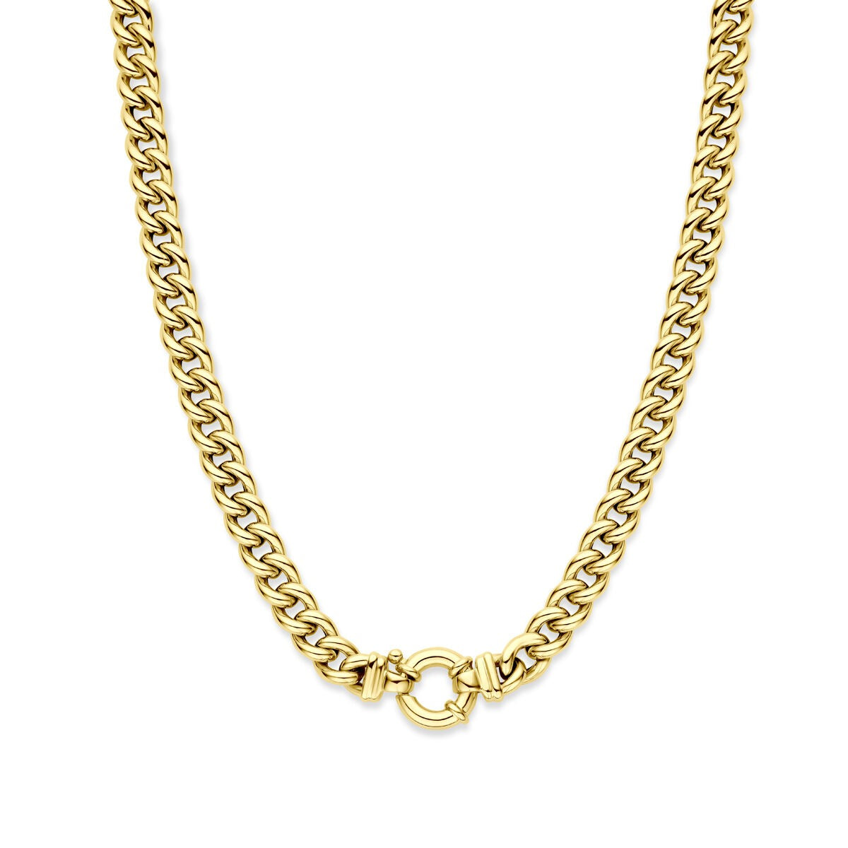 Collier gourmette en or 14 carats, 9 mm de large, avec fermoir rond.