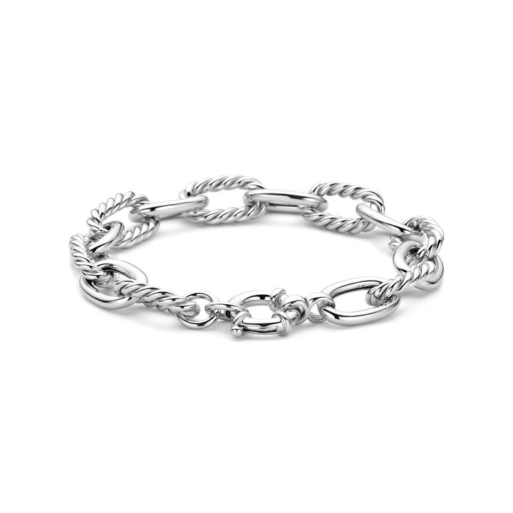 Gerhodineerd zilveren schakelarmband met groot veerslot
