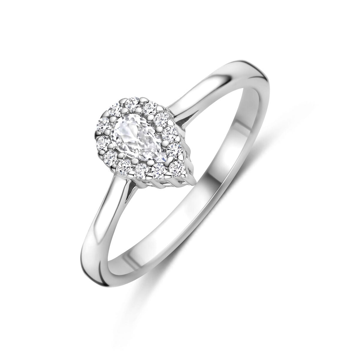 Bague en argent pour femme avec zircone taillée en poire et sertissage entourage