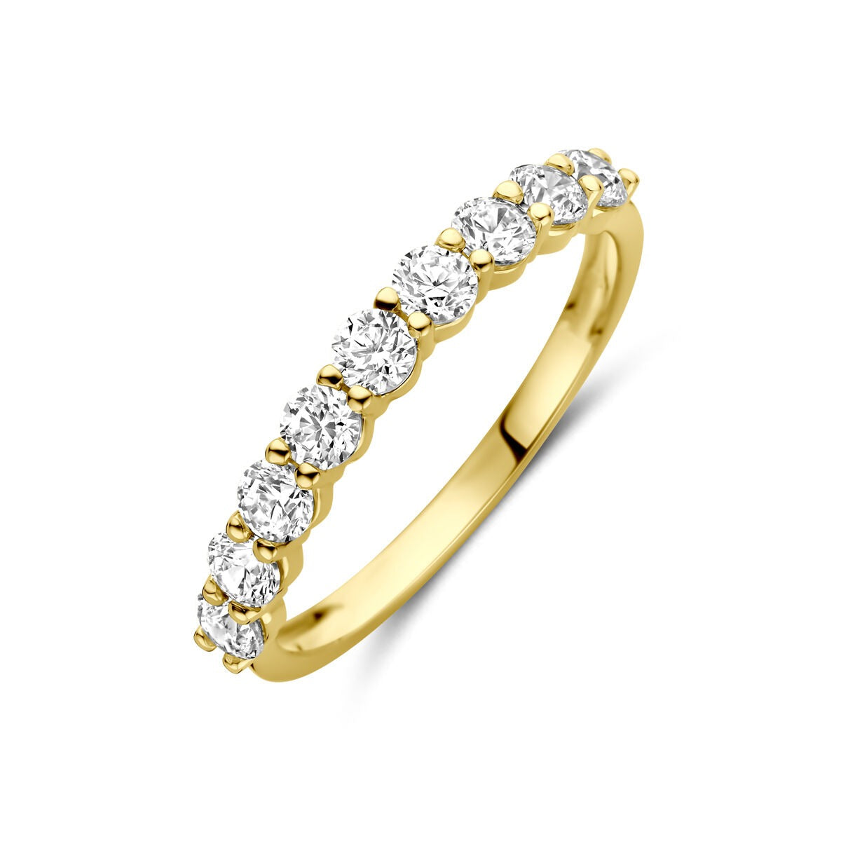 Bague en or jaune 14 carats ornée de zircons, avec une finition brillante.