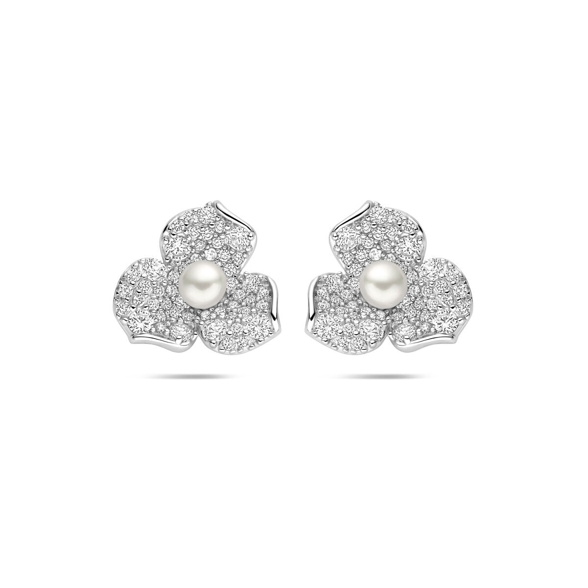 Boucles d'oreilles en argent rhodié 925 avec motif floral, ornées de zirconia et d'une perle.