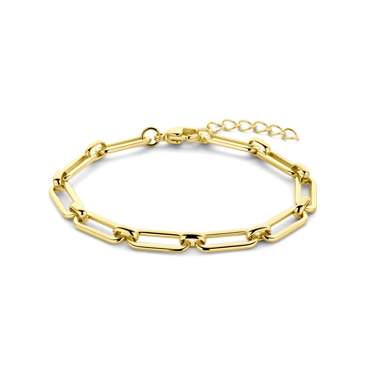 Bracelet en acier avec plaquage doré, maillons allongés, ajustable de 17 à 20 cm.