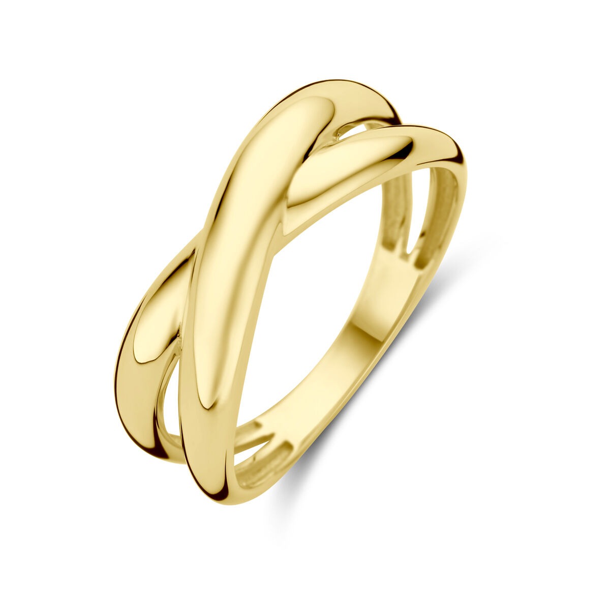 Bague en or jaune 9 carats avec un design entrelacé et poli.