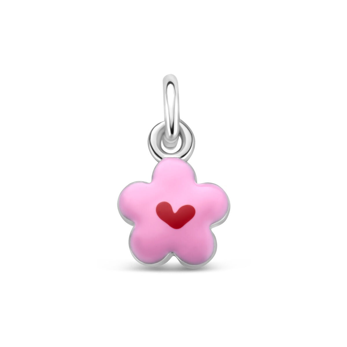 Pendentif en forme de fleur rose avec un cœur rouge, en argent 925 rhodié.