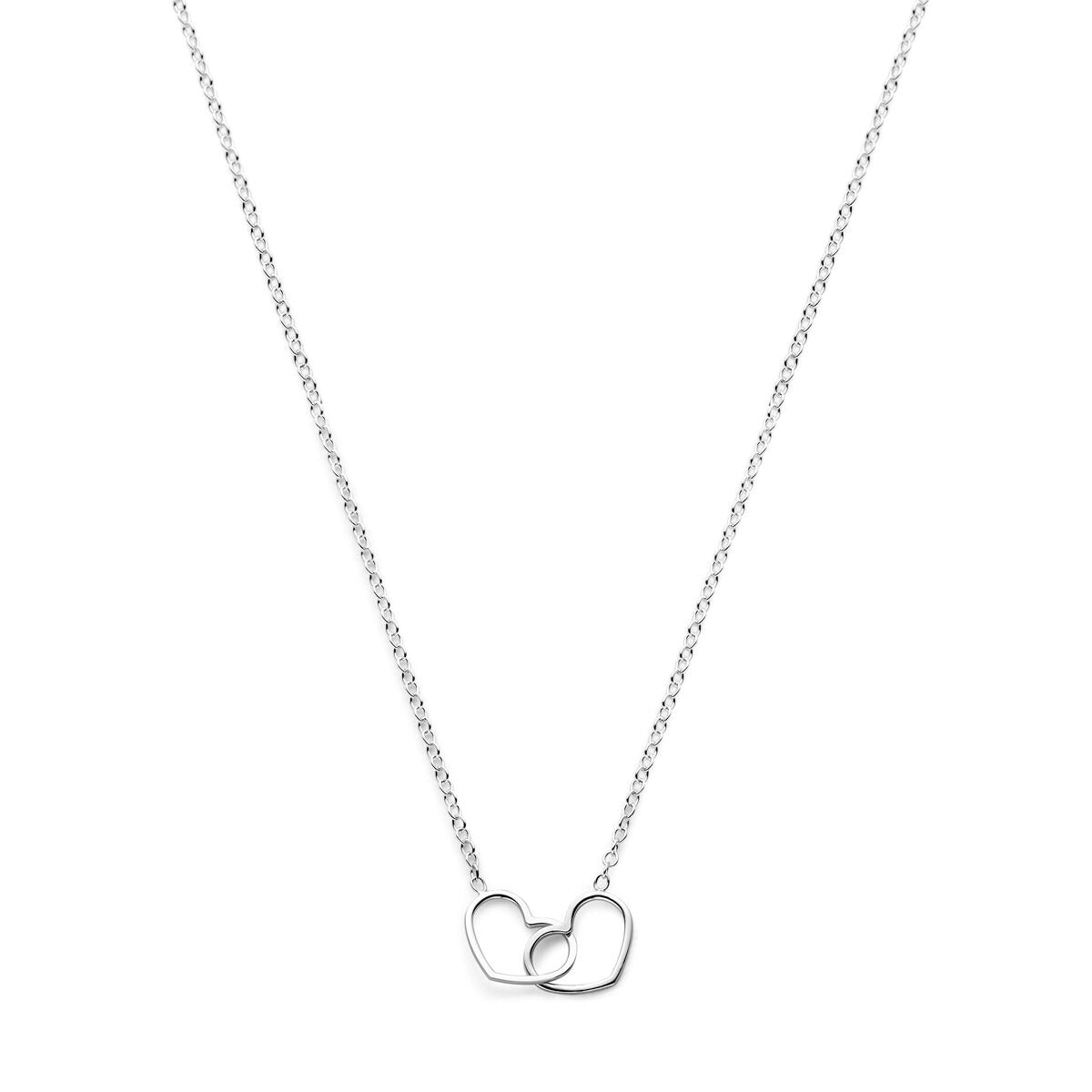 Zilveren gerhodineerd anker collier met dubbele hartjes in een minimalistisch ontwerp.