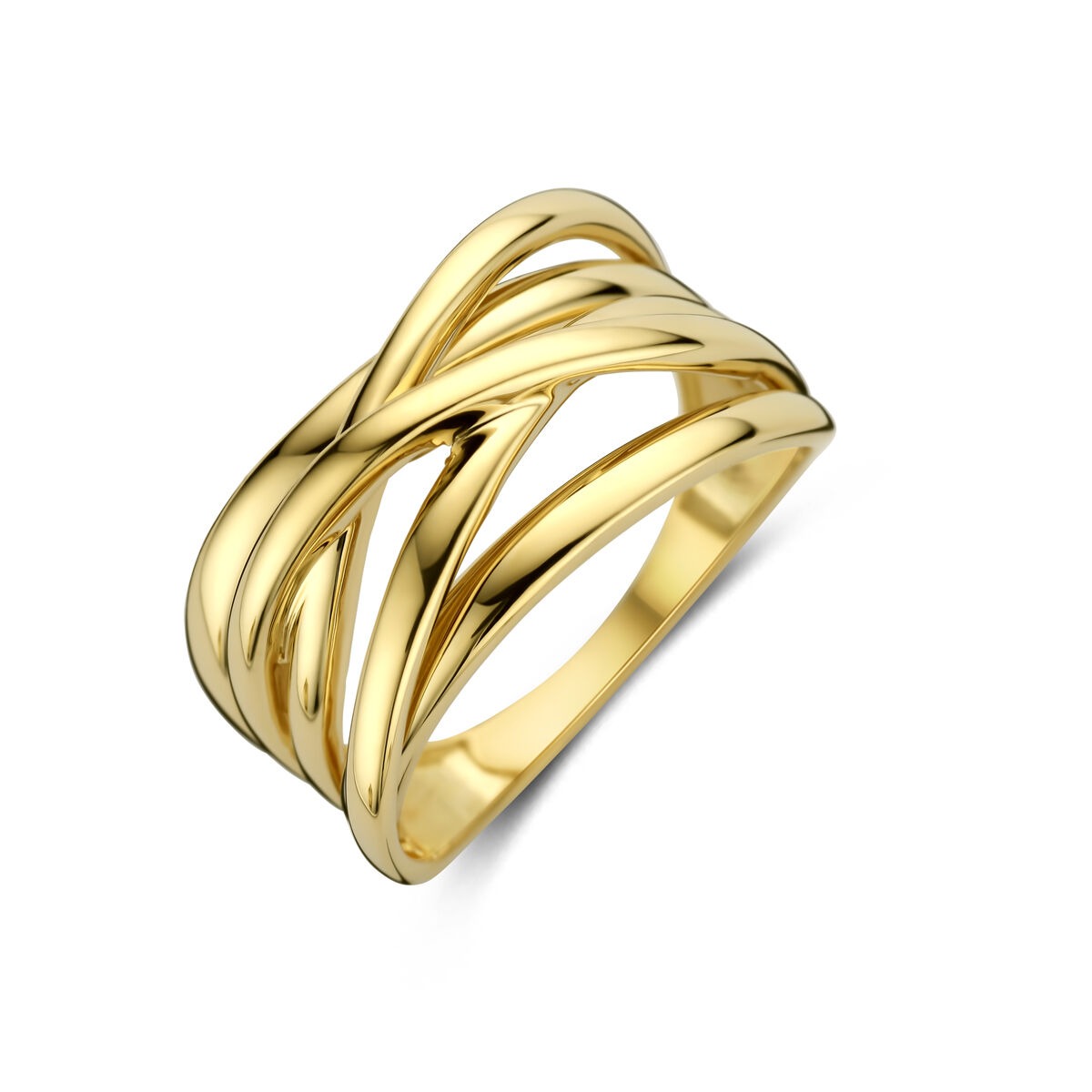 Bague en or jaune 14 carats avec une large bande de 11 mm et des motifs entrelacés.