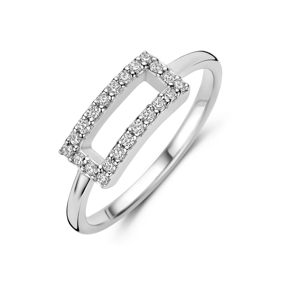 Bague en argent 925 rhodié ornée de zirconiums, forme rectangulaire avec pavé de pierres.