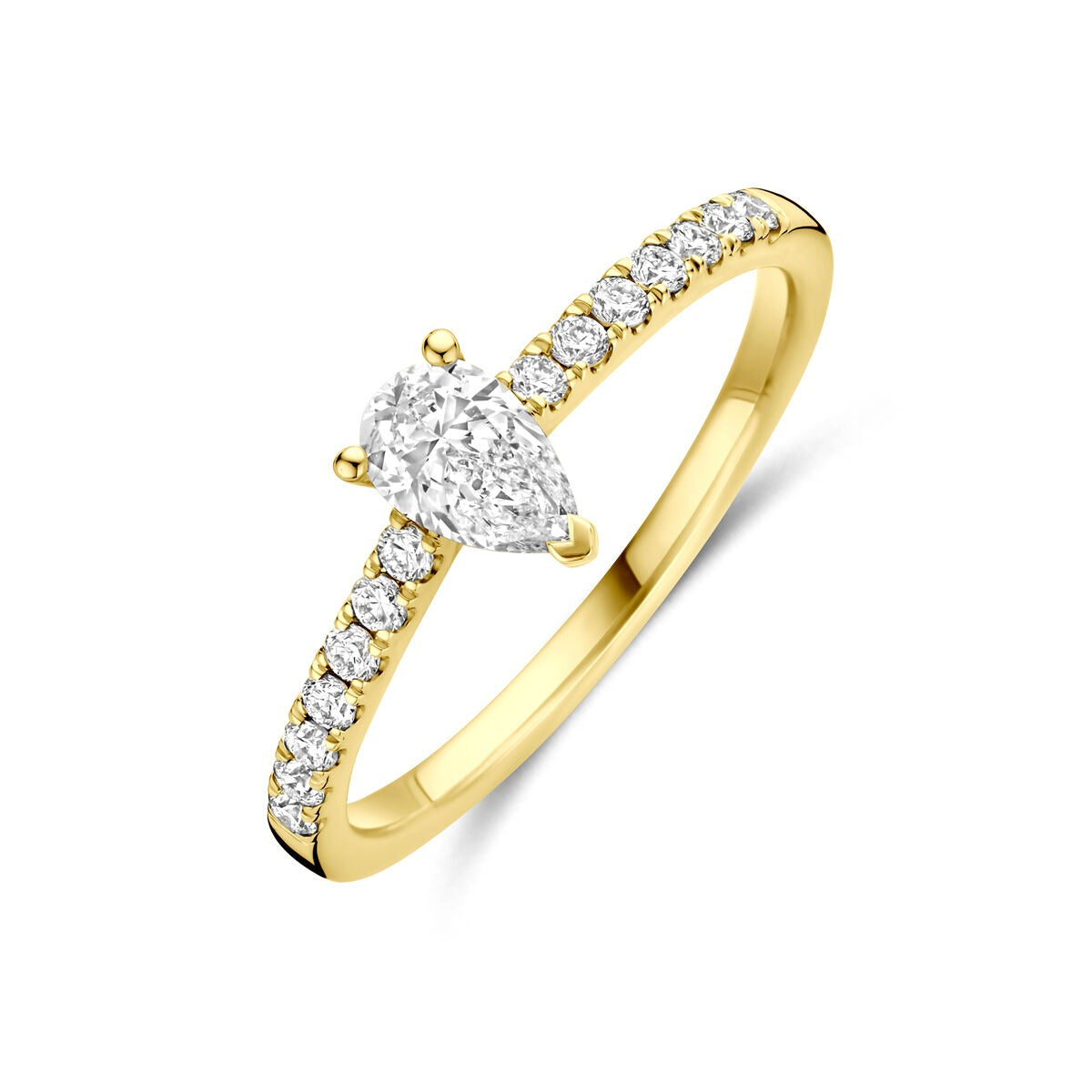 Bague en or 14 carats avec diamant de culture en forme de poire et pavé de diamants.