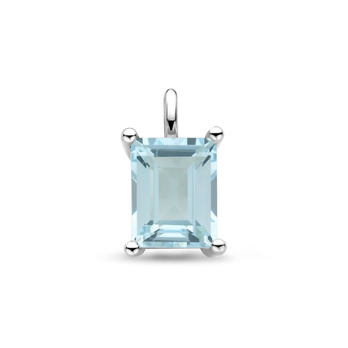 Pendentif en argent rhodié avec topaze bleu ciel, forme rectangulaire, dimensions 14,5 x 8,5 mm.