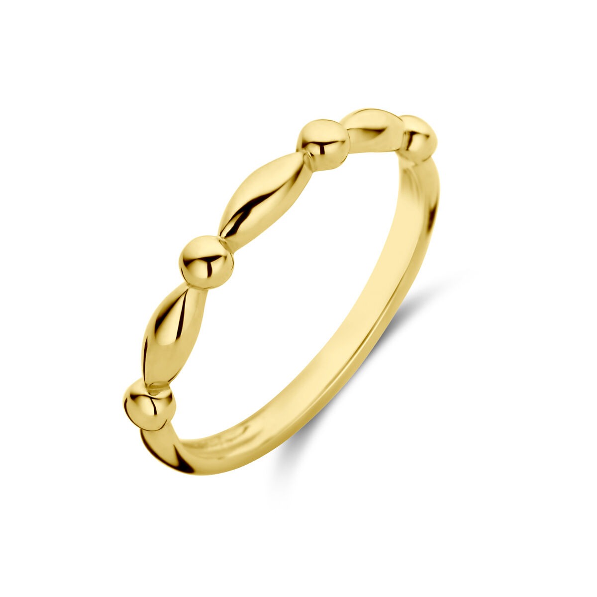 Bague en or jaune 9 carats avec des motifs ovales et des billes.