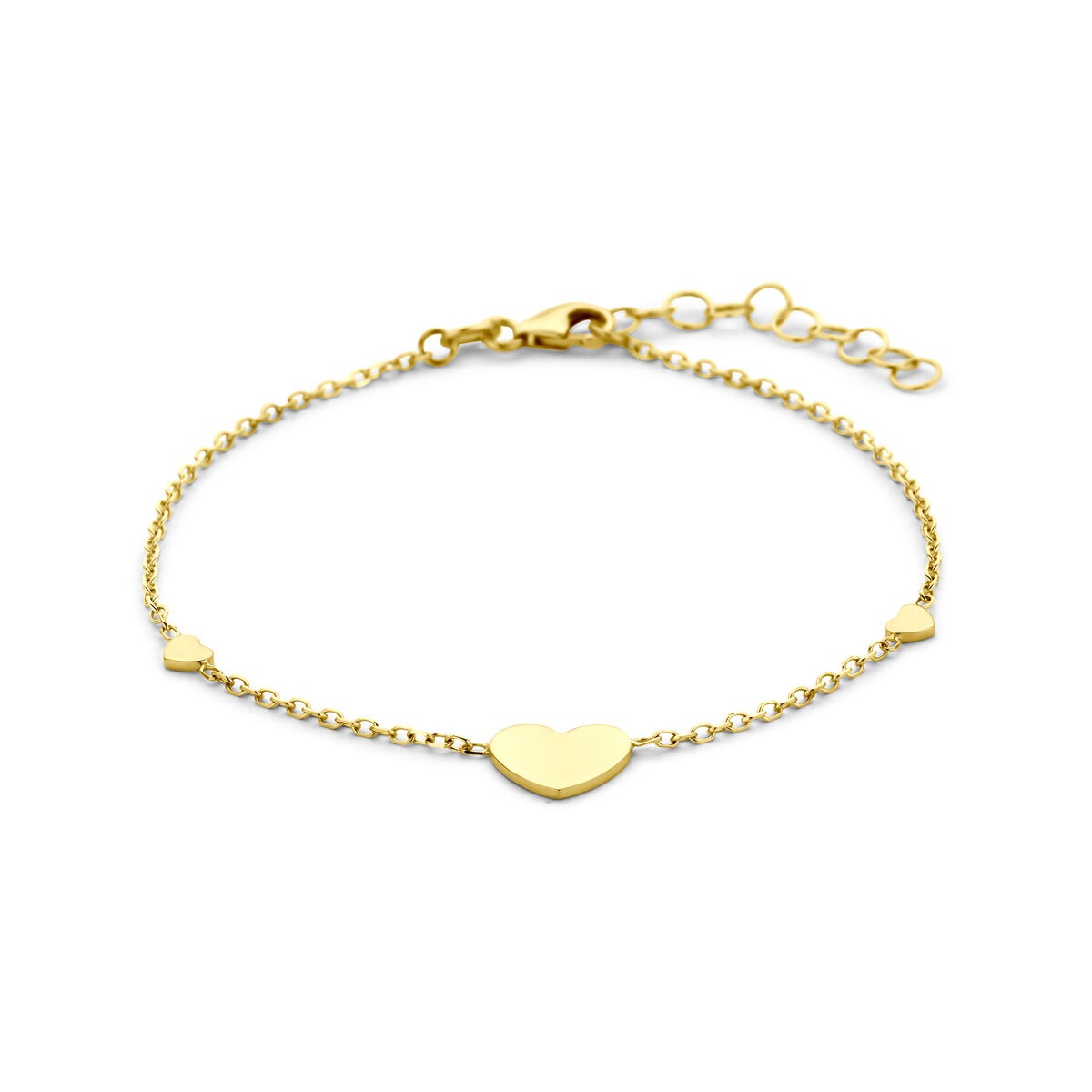 Bracelet en or jaune 14 carats avec des cœurs en forme de cœur.
