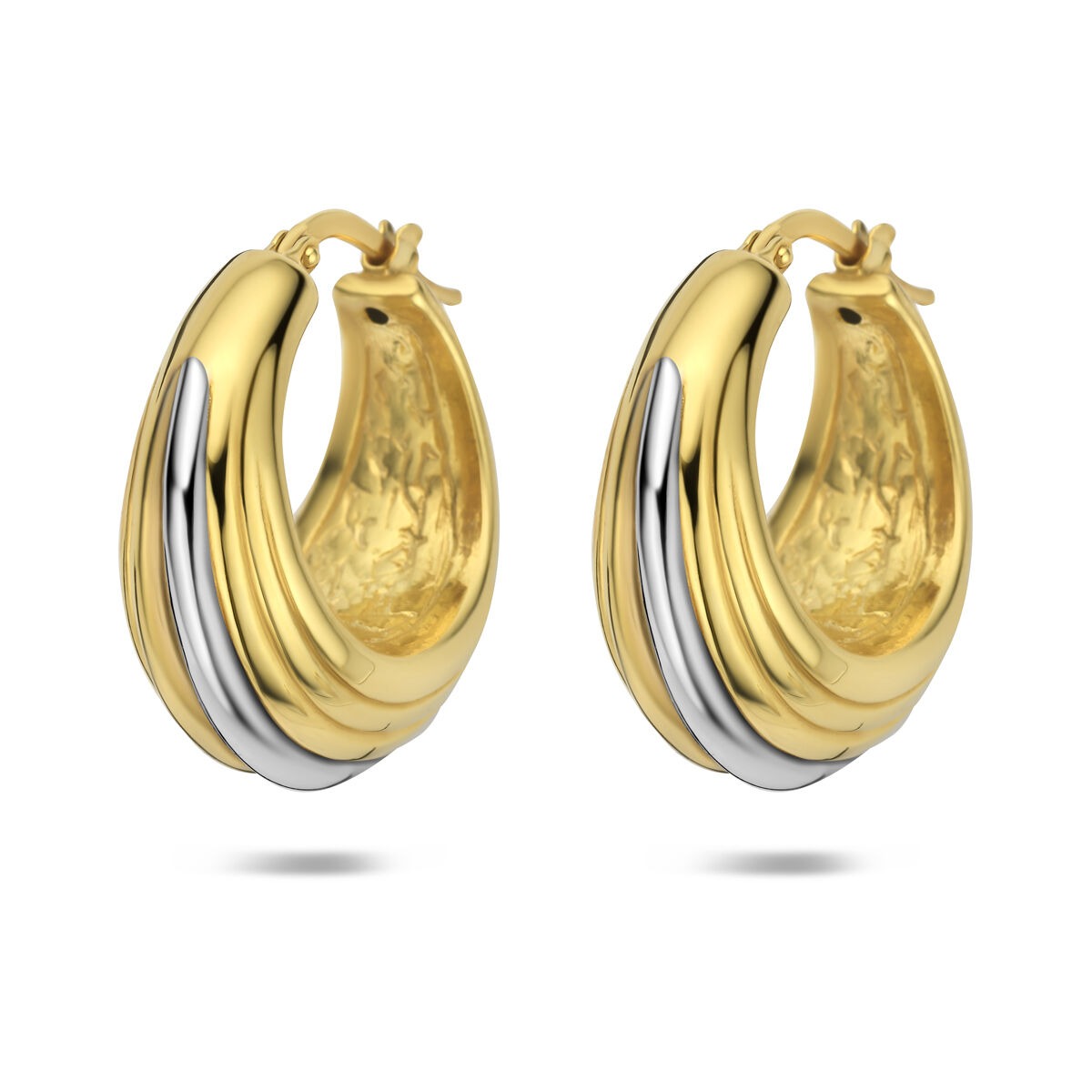 Boucles d'oreilles en argent 925 doré, en forme de créole, avec un design bicolore argenté et doré.