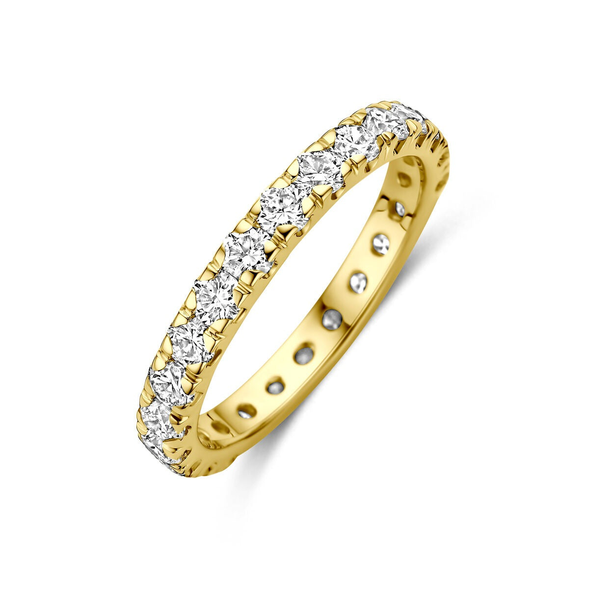 Bague en or jaune 14 carats ornée de diamants synthétiques brillants.