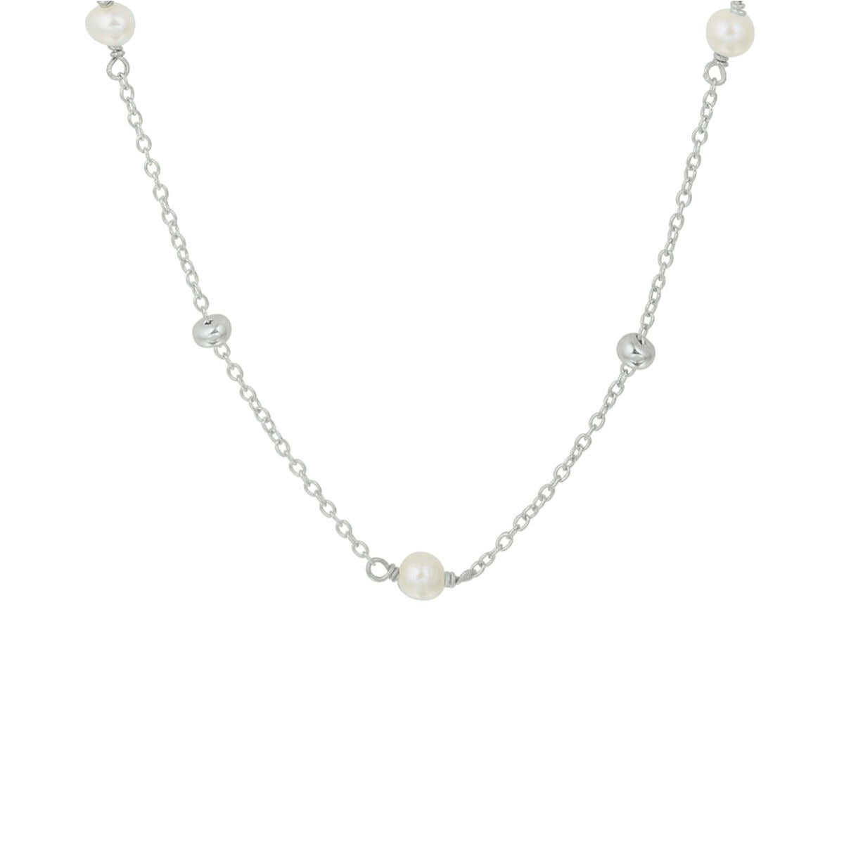 Zilveren collier met gerhodineerde afwerking en parels, lengte 41 + 4 cm.