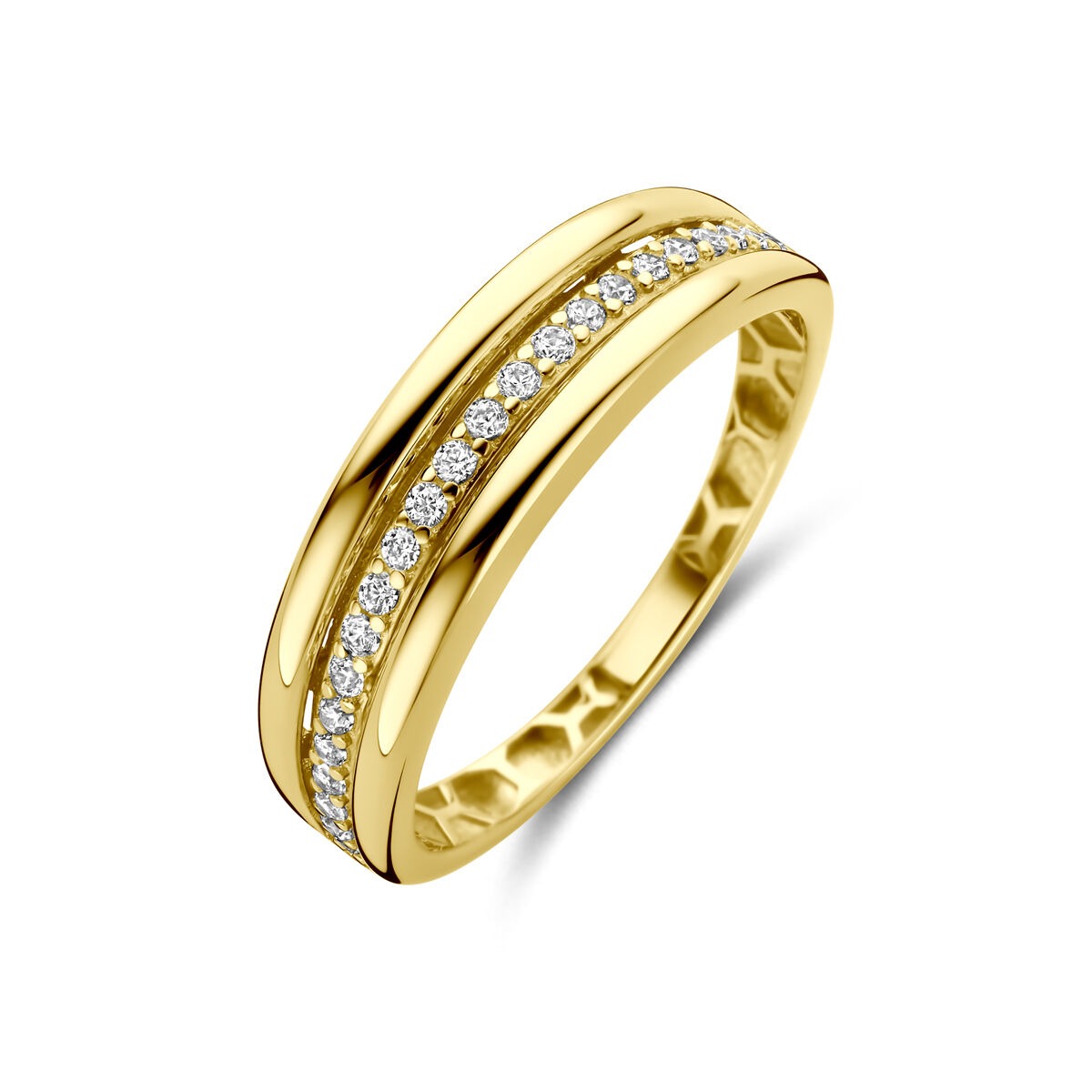 Bague en or jaune 14k avec zircons, design lisse et brillant, deux rangées de pierres.