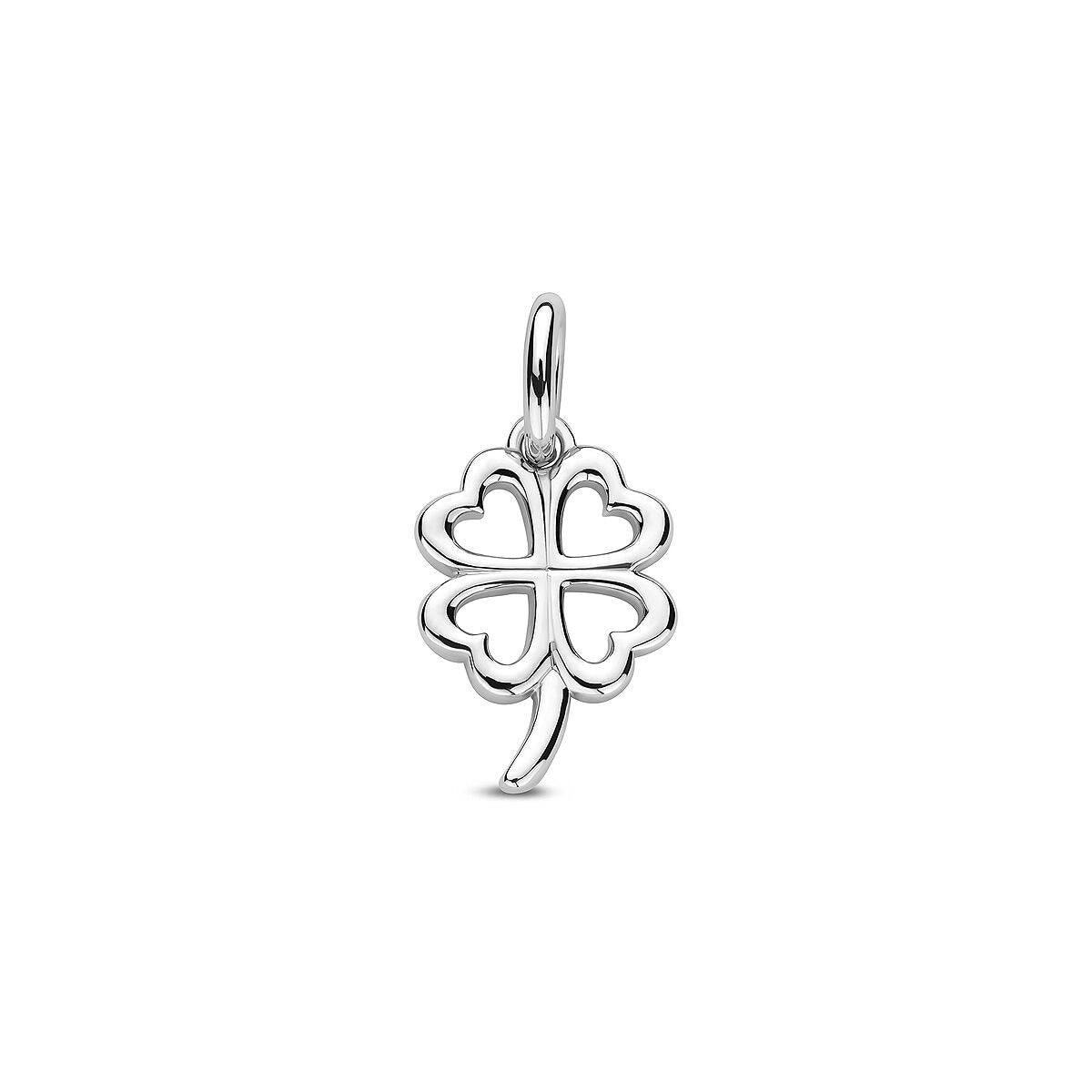 Pendentif en argent rhodié en forme de trèfle à quatre feuilles.