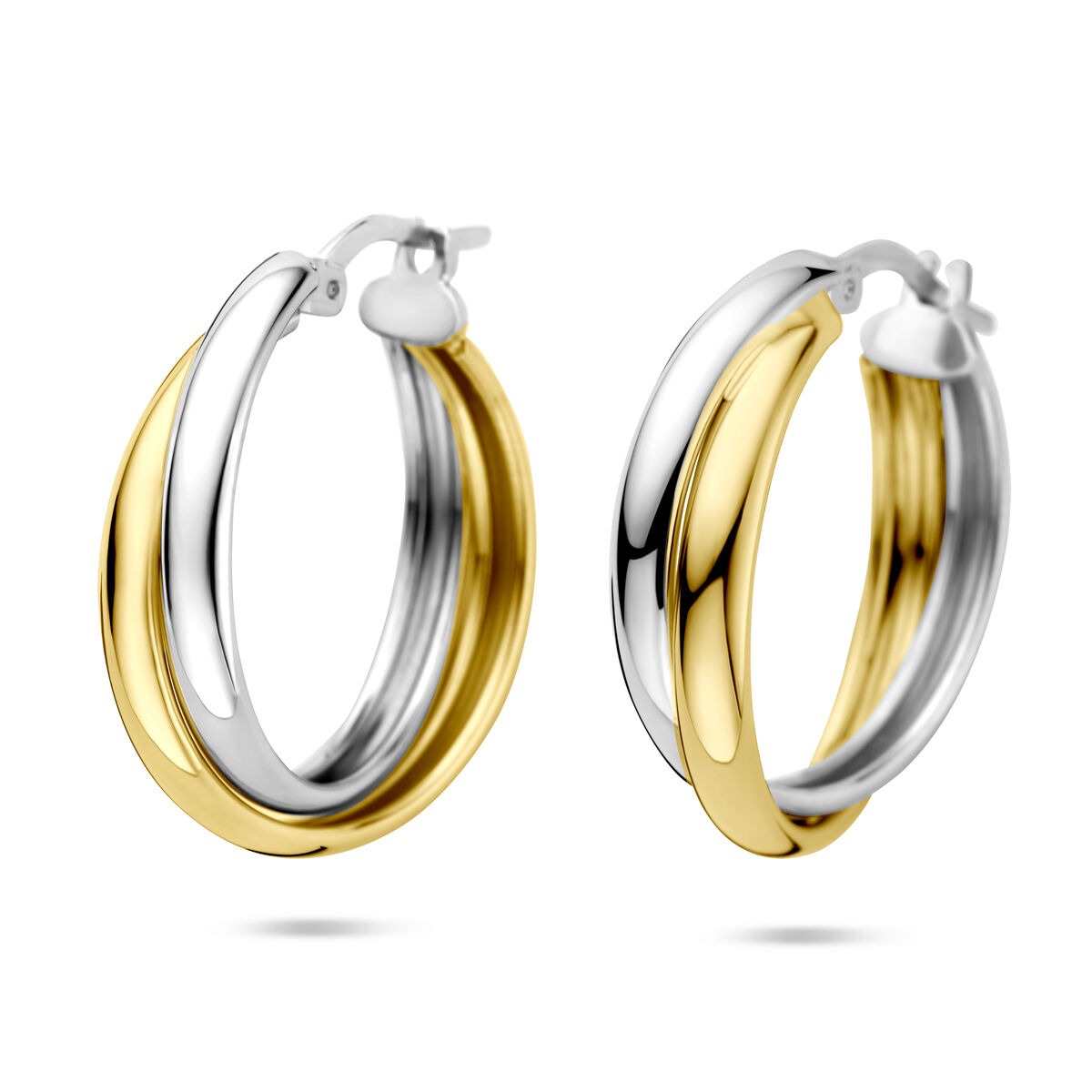 Boucles d'oreilles bicolores en argent 925, dorées et rhodiées, mesurant 23,5x6 mm.