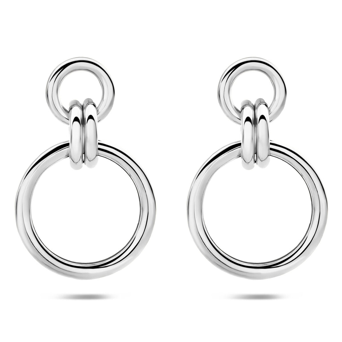 Boucles d'oreilles rondes en argent rhodié 925, avec des anneaux entrelacés.
