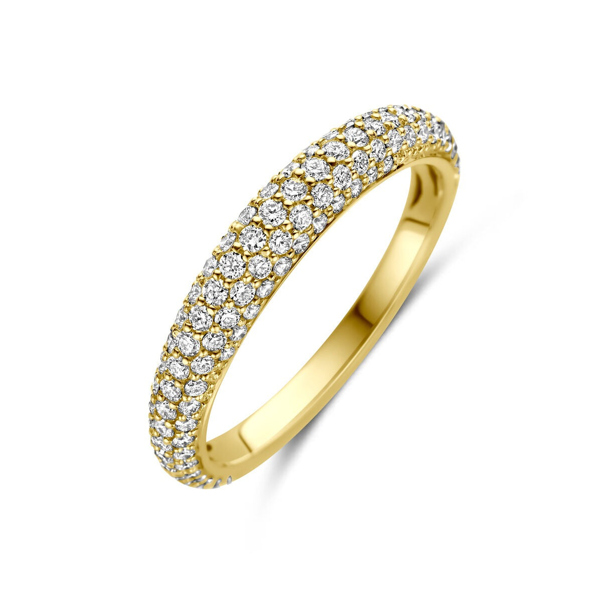 Bague en or jaune 14 carats ornée de diamants brillants.