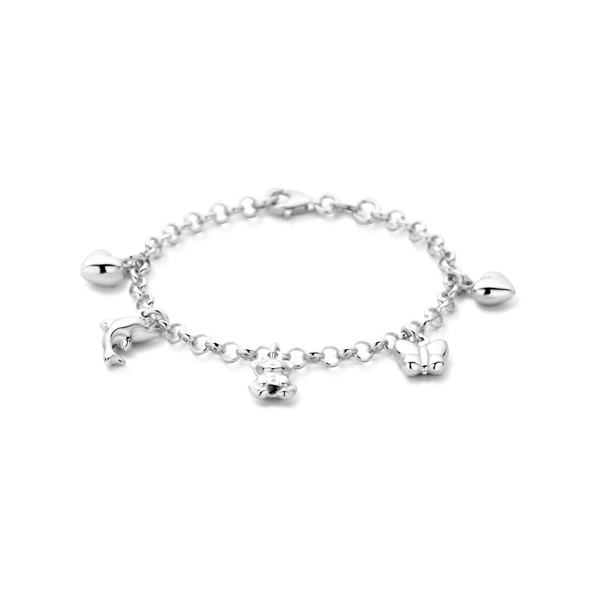 Bracelet en argent pour enfant avec cinq charms, dont un cœur et une cloche.