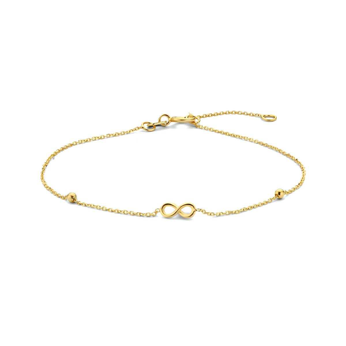 Bracelet en or jaune 9 carats avec un motif infini et des perles.