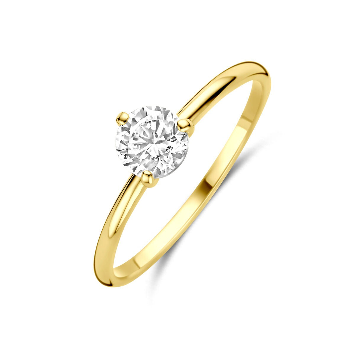 Bague en or jaune 14 carats avec un solitaire en zirconium, taille brillant.