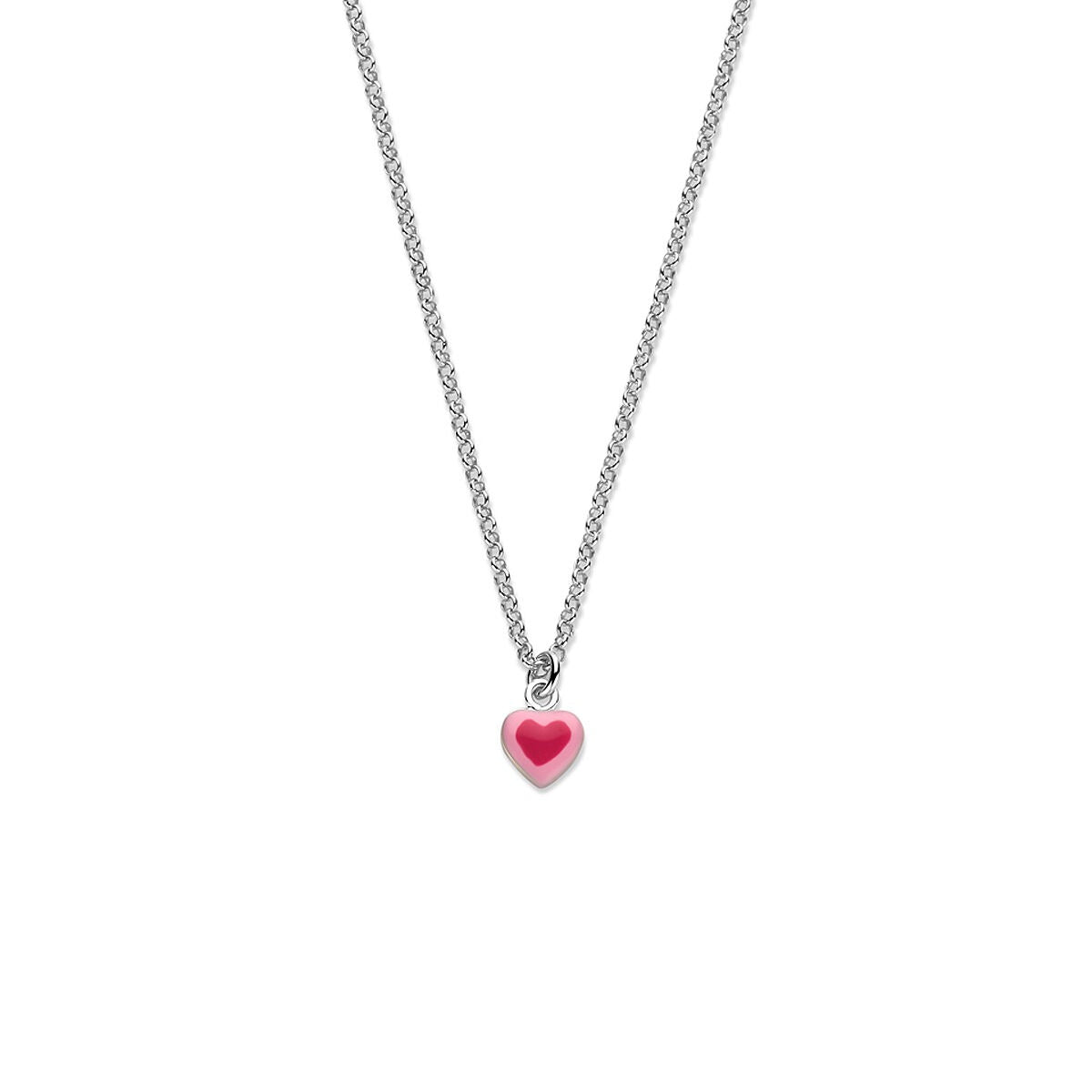 Collier en argent rhodié avec un pendentif en forme de cœur rose, longueur 34 + 2 cm.
